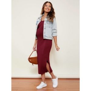 Maternity Split Side Ribbed Knit Midi Tank Dress - burgundy red